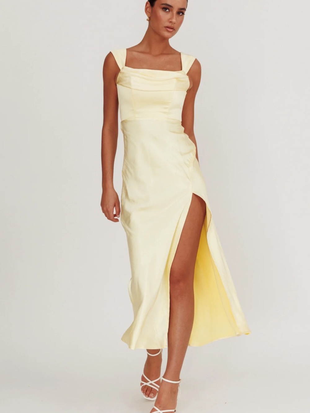 Lucinda Off shoulder ButterYellow Square-Neck Dress with High Thigh Slit